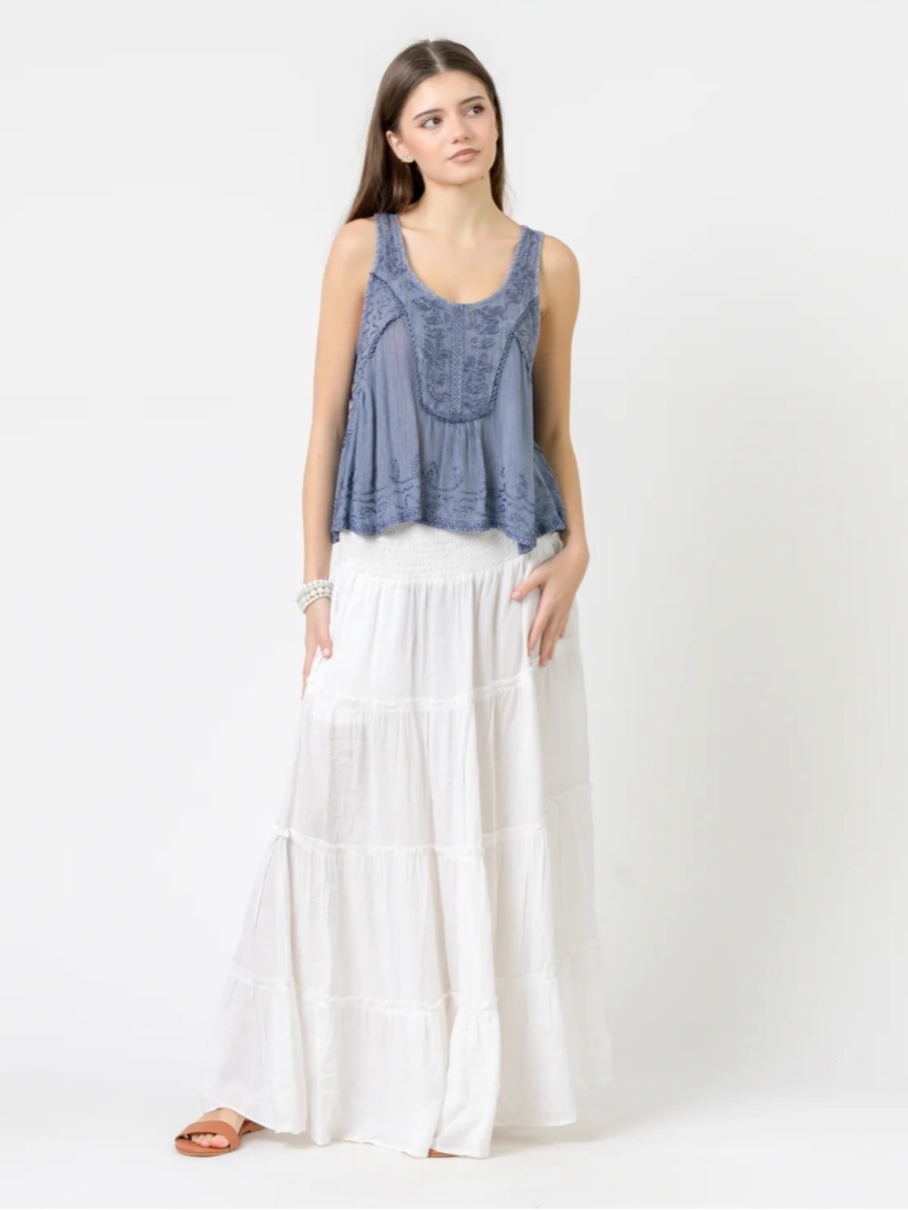 Rhea Boho Embroidered Scoop Neck Tank Top - Grey One Size NWT